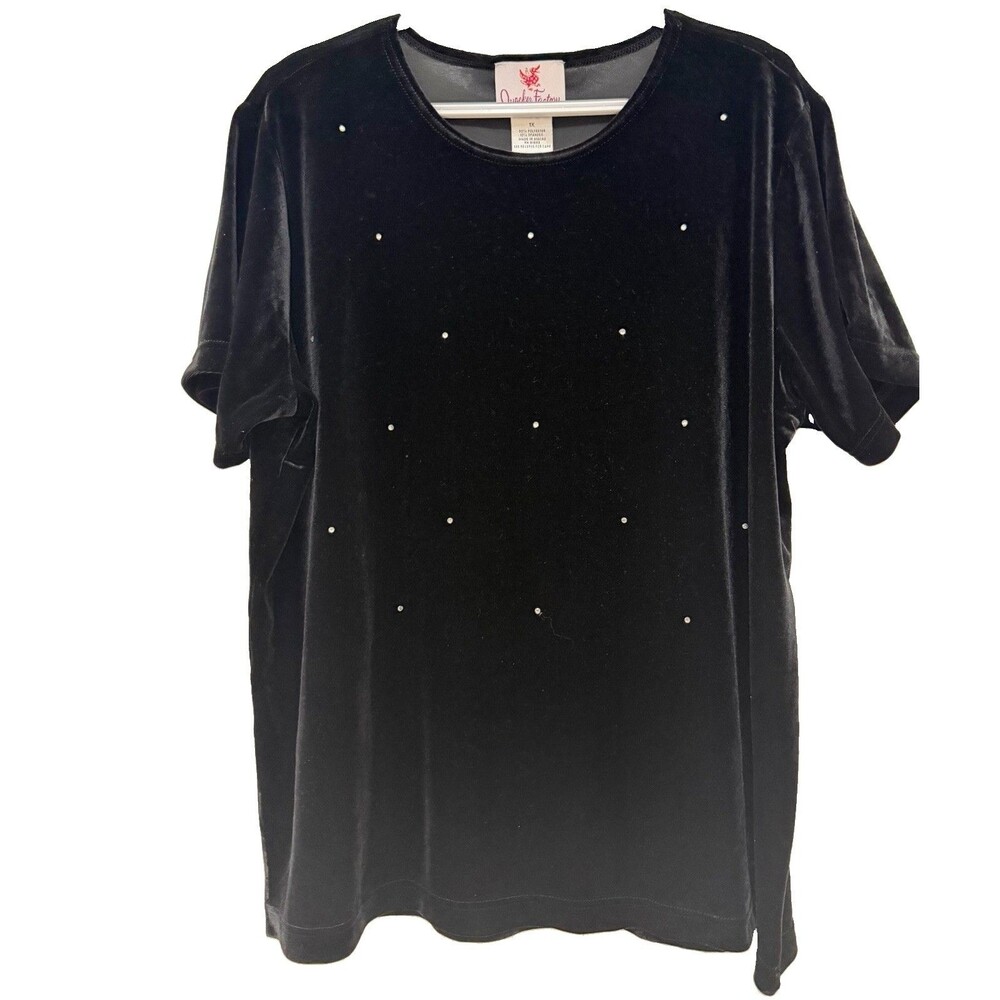 Quacker Factory Black Velvet Velour Rhinestone Short Sleeve Top Plus Size 1X